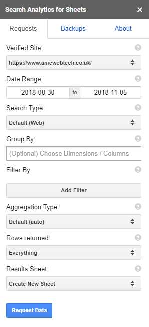 Search analytics for sheets side bar